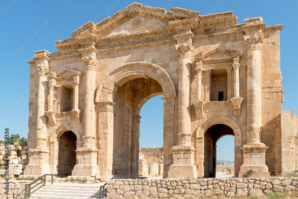 Jerash, Jordan; January 6, 2023 - The Arch of Hadrian, Jerash, Jordan.