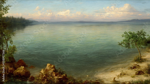 Seascape of a serene lake. The viewer stands at the end of a craggy beach. Trees and mountains populate the horizon, all under dusky clouds. Digital painting.