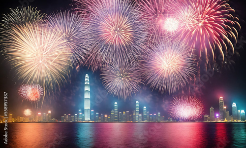 fireworks exploding over a city skyline with reflections in the water, digital render of an city with beautiful new year eve or fourth of july festival fireworks Generative AI