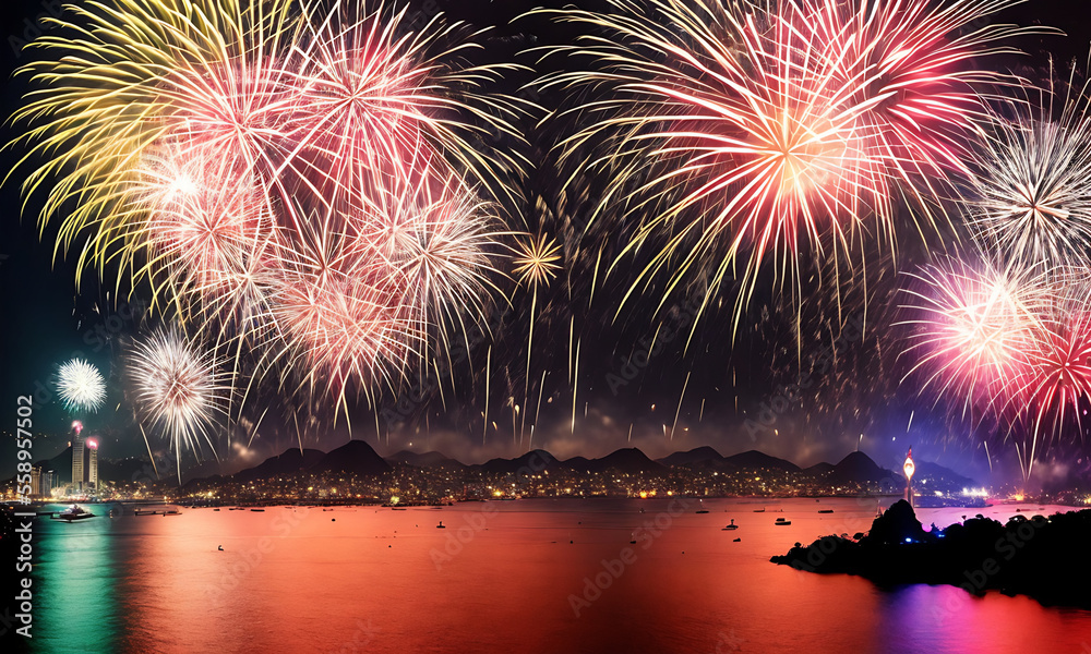 fireworks exploding over a city skyline with reflections in the water, digital render of an city with beautiful new year eve or fourth of july festival fireworks Generative AI