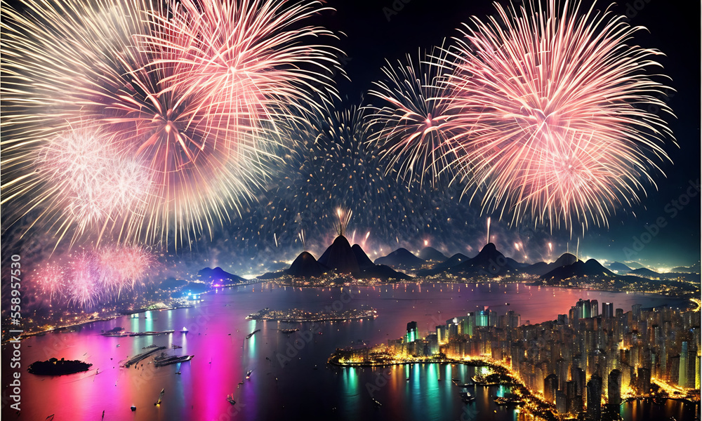 Panorama view of city skyline with fireworks reflections in the water Generative AI