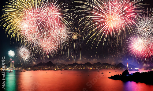 Obraz na płótnie fireworks exploding over a city skyline with reflections in the water, digital render of an city with beautiful new year eve or fourth of july festival fireworks Generative AI w salonie