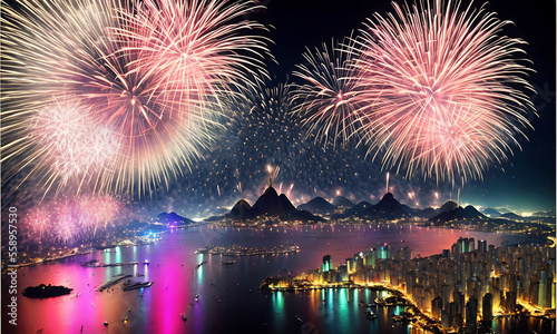 Obraz na płótnie Panorama view of city skyline with fireworks reflections in the water Generative AI w salonie
