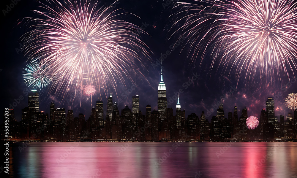 fireworks exploding over a city skyline with reflections in the water, digital render of an city with beautiful new year eve or fourth of july festival fireworks Generative AI