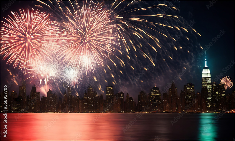 Panorama view of city skyline with fireworks reflections in the water Generative AI