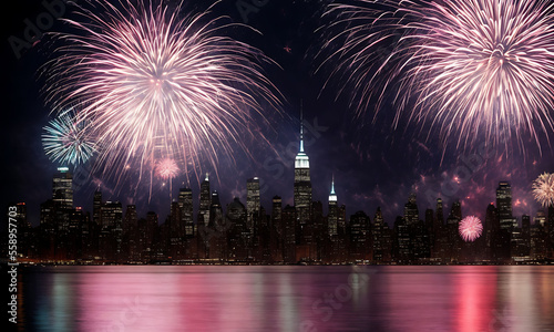 fireworks exploding over a city skyline with reflections in the water, digital render of an city with beautiful new year eve or fourth of july festival fireworks Generative AI