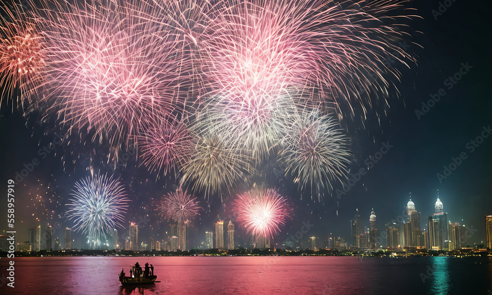 Obraz premium Panorama view of city skyline with fireworks reflections in the water Generative AI