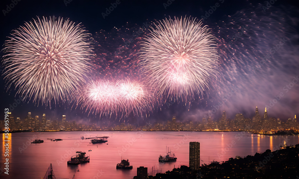 fireworks exploding over a city skyline with reflections in the water, digital render of an city with beautiful new year eve or fourth of july festival fireworks Generative AI