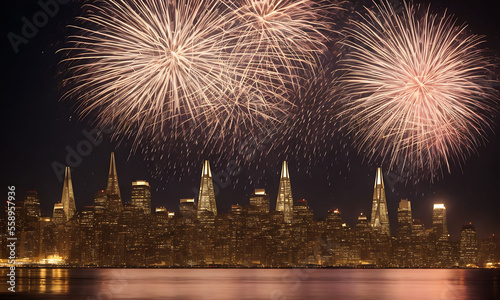 Panorama view of city skyline with fireworks reflections in the water Generative AI
