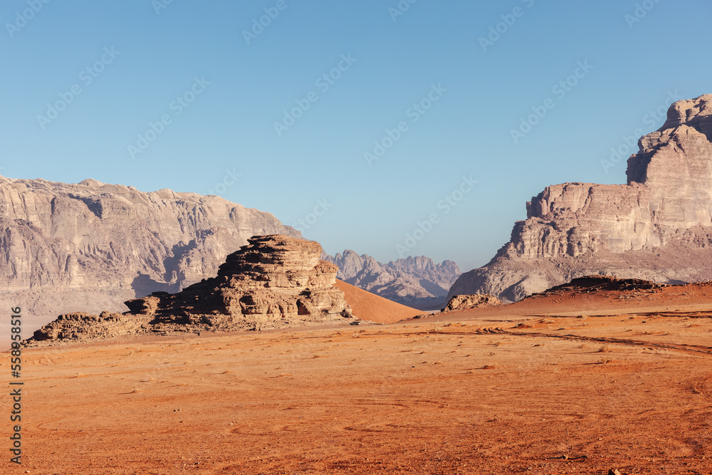Wadi Rum mountains and desert landscape in Jordan Wadi Rum mountains and desert landscape in Jordan