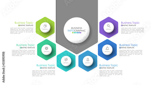 Infographic design template can be used for presentation, banner, graphic, business flow and diagram. Modern flat Timeline template with 6 option, parts, step for process. Abstract template.