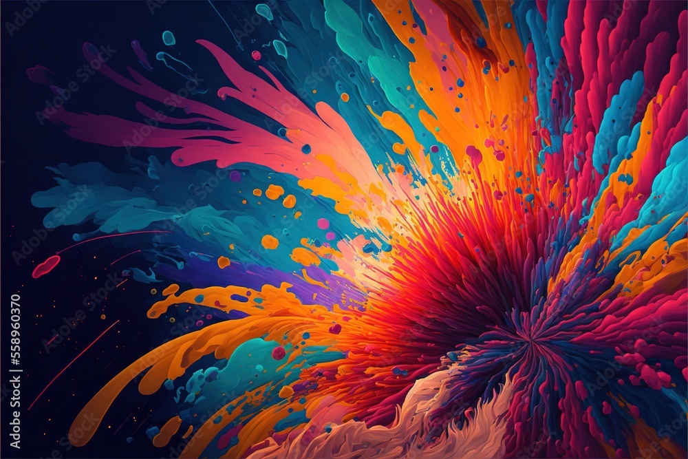 a colorful abstract painting with a black background and a blue background with a red, orange