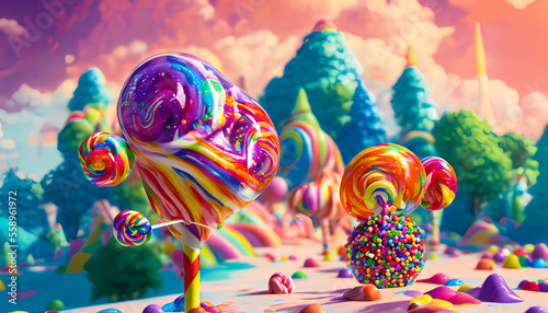 A fairy tale landscape full of lollipops and sweets is a whimsical and fantastical scene. Generative AI