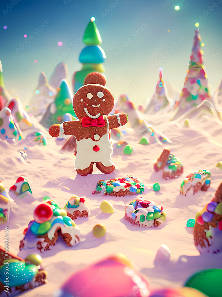 A gingerbread amidst a festive, holiday-themed landscape full of sweets adds a playful and charming touch. Generative AI