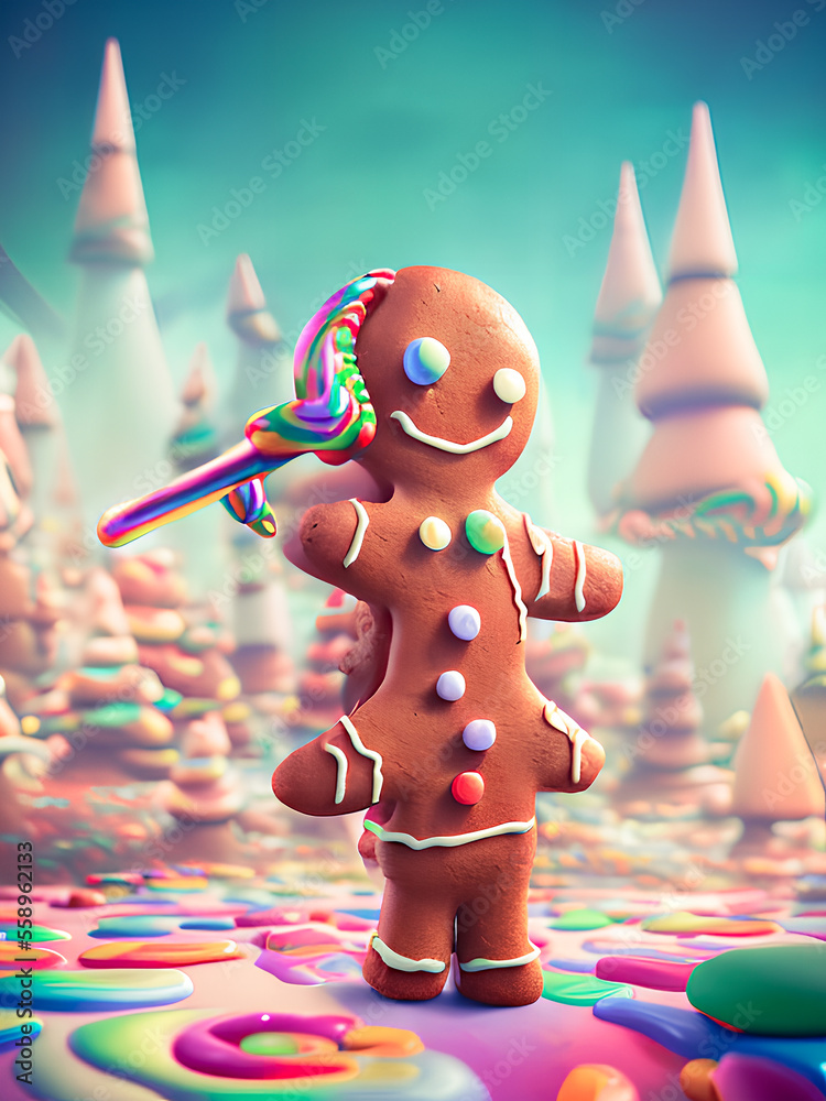 A gingerbread amidst a festive, holiday-themed landscape full of sweets adds a playful and charming touch. Generative AI