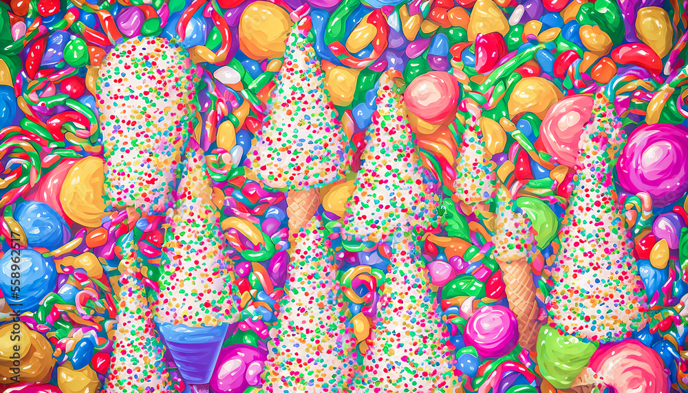 A fairy tale landscape full of ice cream and sweets is a dreamy and delightful scene. Generative AI