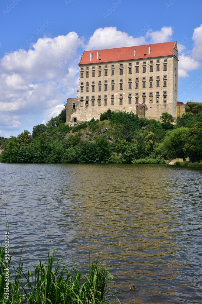 Plumlov Castle above the pond