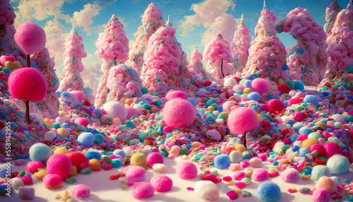 A fairy tale landscape full of sweets, candies, and cotton candy creates a whimsical and fantastical scene. Generative AI