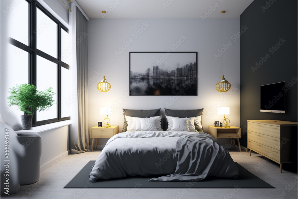Luxury master bedroom interior with a big large comfortable bed, modern ...