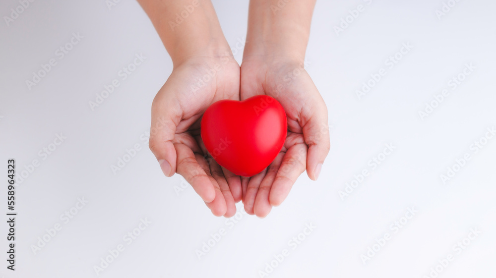 Fototapeta premium Female hand holding red heart on white background, top view with space for text. Donation concept.