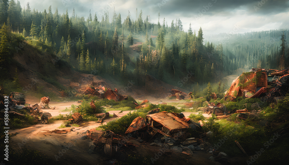 Trash left in the midst of a beautiful landscape highlights the pollution of the world and climate. Generative AI Trash left in the midst of a beautiful landscape highlights the pollution of the world and climate. Generative AI