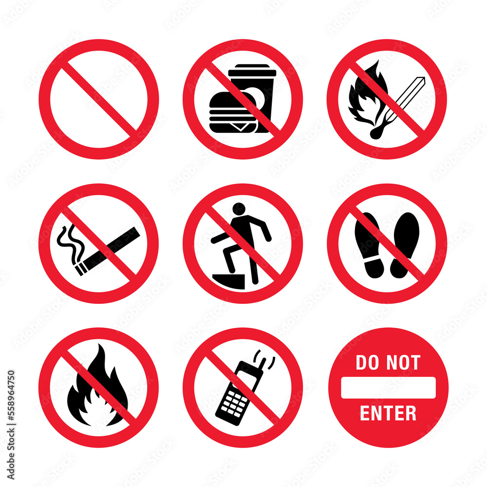 Prohibition sign vector set. Suitable for safety working sign, danger, attention in workspace area. Prohibition sign vector set. Suitable for safety working sign, danger, attention in workspace area.