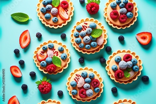 a table topped with mini pies covered in fruit and topped with mint leaves and berries on top of each of them.