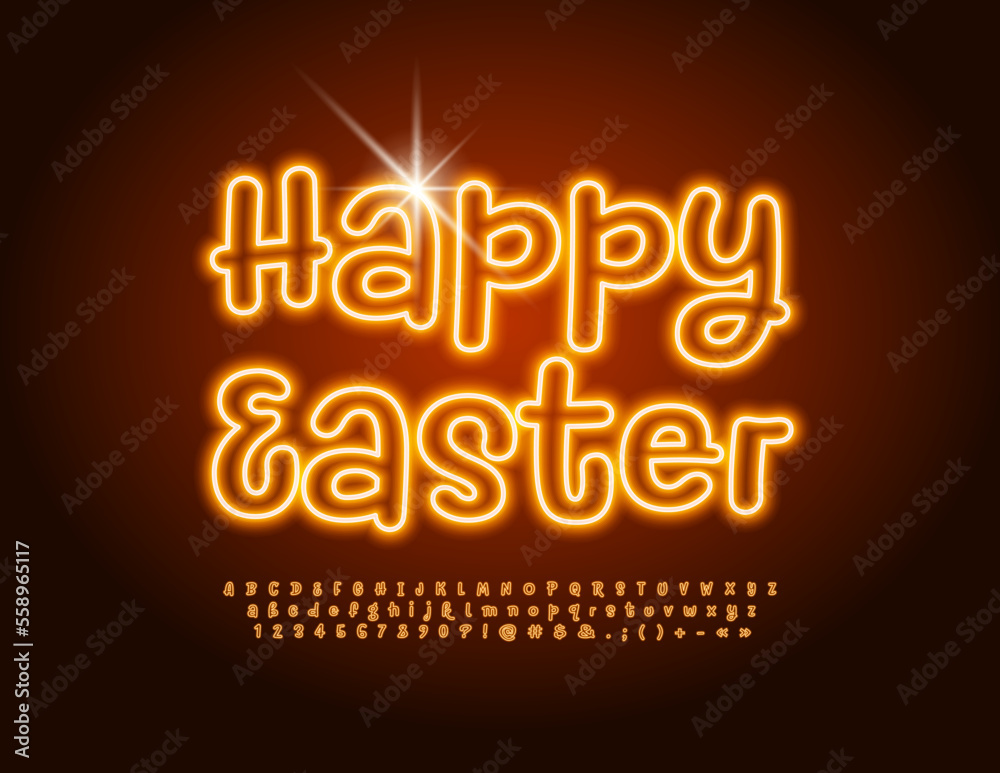Vector funny card Happy Easter. Bright Neon Font. Glowing Alphabet Letters and Numbers set Vector funny card Happy Easter. Bright Neon Font. Glowing Alphabet Letters and Numbers set