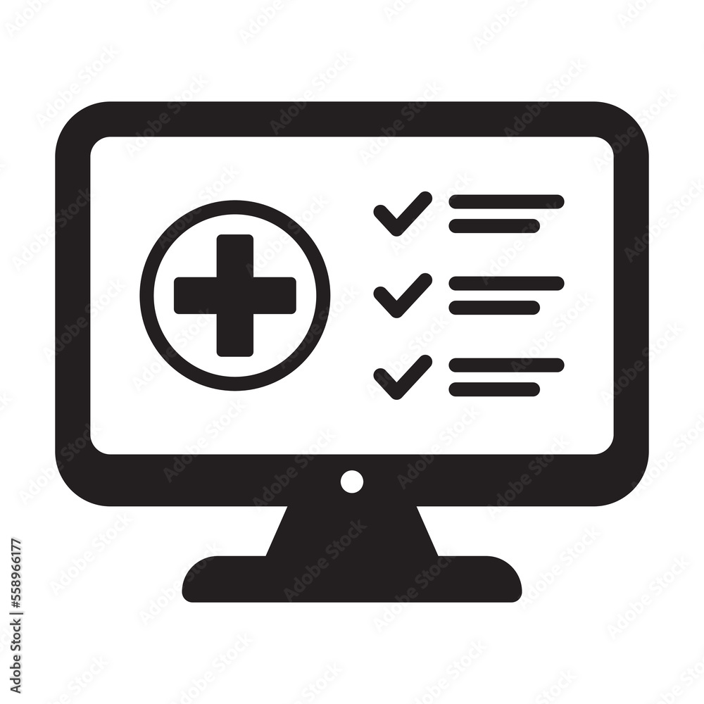 Computer monitor with medical cross and check list icon, vector sign. Computer monitor with medical cross and check list icon, vector sign.