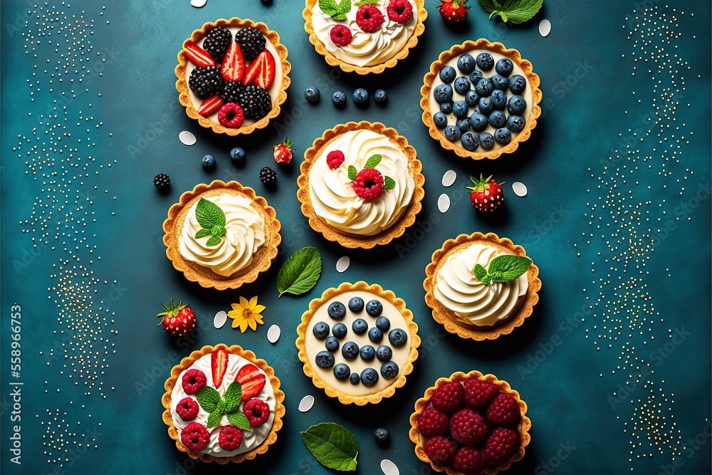 a table topped with mini pies covered in fruit and whipped cream toppings and topped with leaves and berries on top of a blue surface with white and gold flecking