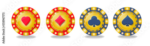 Set of gold poker chips, token with red and blue isolated on white background. Diamonds, clubs, hearts, spades. Vector illustration for casino, game design, flyer, poster, banner, web, advertising.