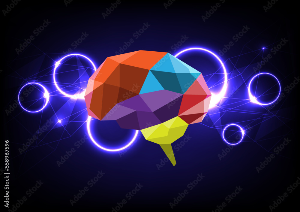 Telepathy and electricity from polygon brain. Communication wave background. Abstract creative thinking - obrazy, fototapety, plakaty 