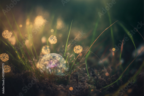 fairy tales in the grass natural fantasy green background,generative ai.