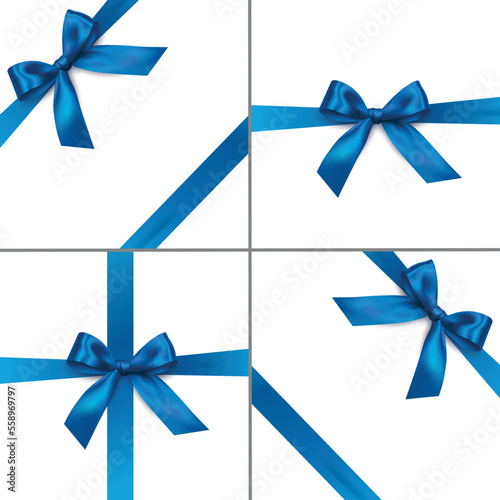 Vector set of realistic bright blue shiny ribbons with decorative bow on white background - invitation, gift wrapping or card design