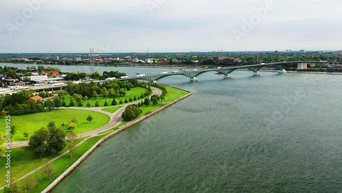 Aerial of the Peace Bridge from Fort Erie, Canada to Buffalo, U.S. 4K