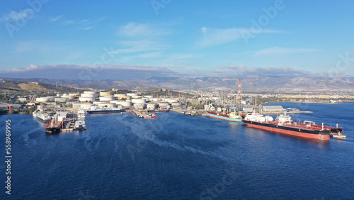 Aerial drone photo of Public Hellenic Petroleum and crude oil refinery in coastal industrial area of Elefsina, Attica, Greece