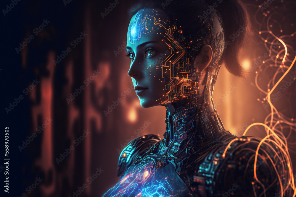 Portrait of a female cyborg robot. Wires and circuits. Concept for Artififial Intelligence. Designed using Generative AI Portrait of a female cyborg robot. Wires and circuits. Concept for Artififial Intelligence. Designed using Generative AI