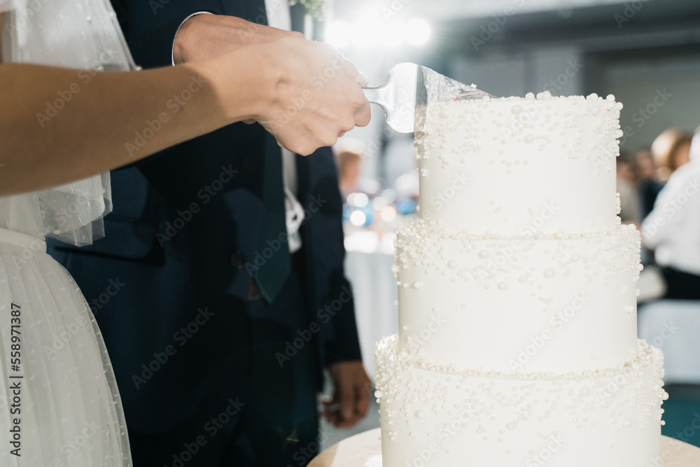 newlyweds cutting wedding cake, first cut