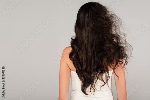 Obraz na plátně back view of brunette woman with long and tousled hair isolated on grey