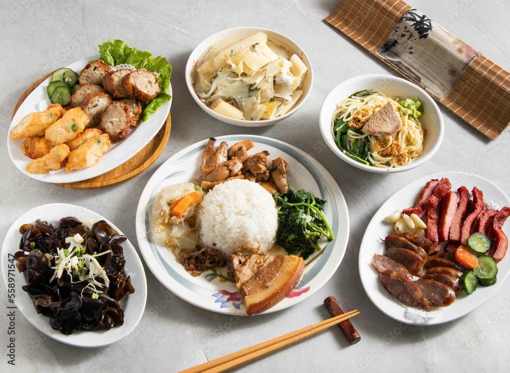 Taiwan food variety Pork Rice Bento, Cold fungus, Signature Double Flavor Platter, Shrimp Meatloaf, Ancient Braised Bamboo Shoots, Danzi noodles