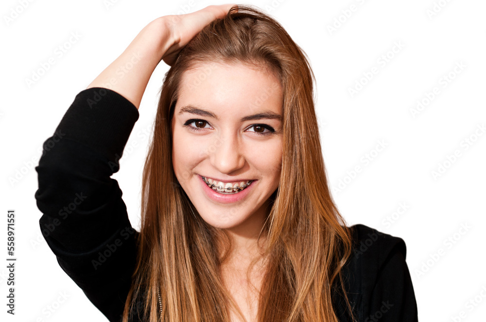 isolated girl with braces, holding her hand on the head isolated girl with braces, holding her hand on the head