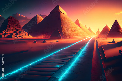 An illuminating skating pathway through an area with gigantic ancient pyramids