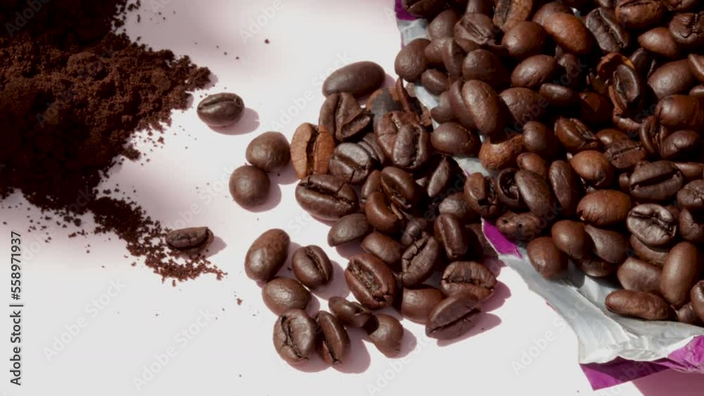 Video Stock coffee beans vs ground coffee or in capsules,pods.roasted