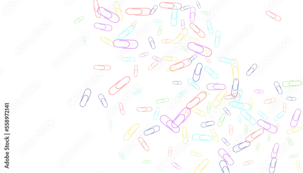 Paper clips are scattered on a white background. Decorative element. Background for design, school and office supplies Paper clips are scattered on a white background. Decorative element. Background for design, school and office supplies