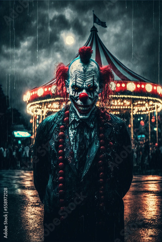 Horror clown and creapy funfair or circus. Concept of evil and fear. Designed using generative ai. 