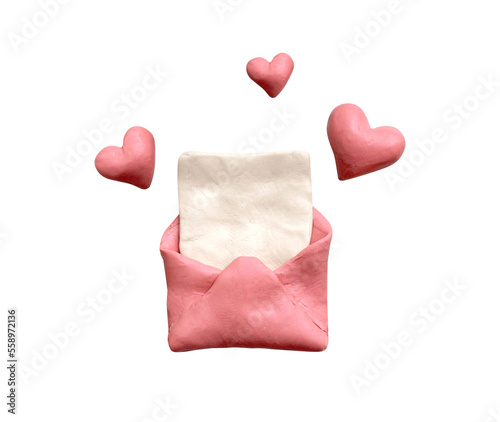 Envelope, sheet of paper and hearts plasticine claysilver plasticine clay 3D illustration on white background, cute dough shape