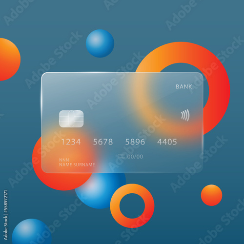 A credit card in the style of glasmophism on an abstract blue background. Transparent map with highlights. Vector illustration.