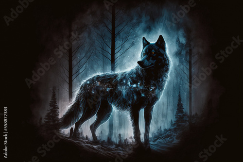 Wolf spirit in the foggy forest at night