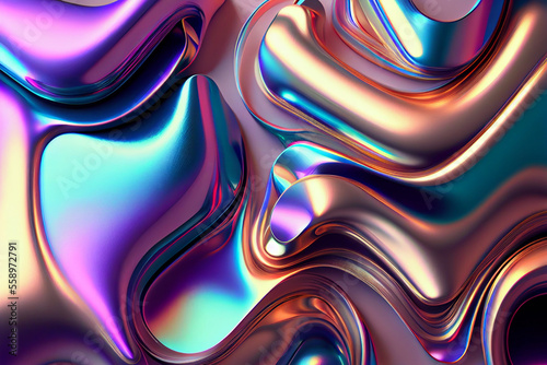 Iridescent liquid metal surface with ripples. 3d illustration. Abstract fluorescent background. Decoration for futuristic design. Ultraviolet viscous substance. Generating Ai.
