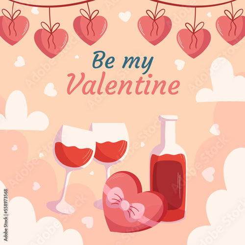 St. Valentines Day design with Bottle and two glass of wine, box with chocolatte in heart shape with ribbon, hearts garland on top. Greeting card, square social media post template photo